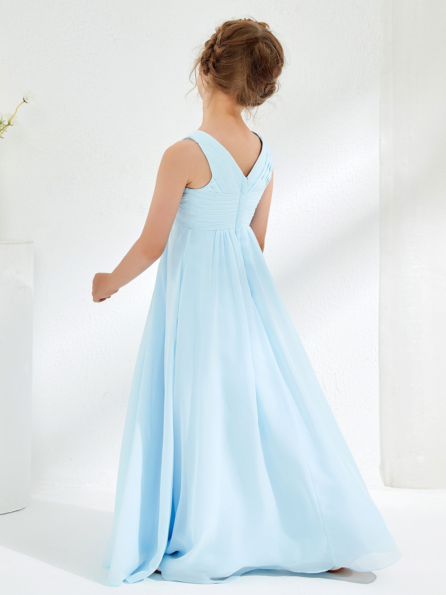 Cute V-neck Junior Bridesmaid Dresses with Pleated Sky Blue